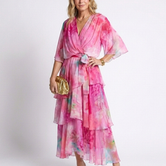 Calista™ Sheer Layered V Neck Tie Waist Maxi Dress