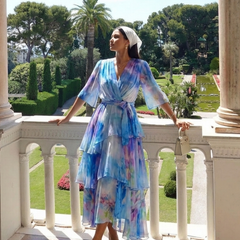 Calista™ Sheer Layered V Neck Tie Waist Maxi Dress