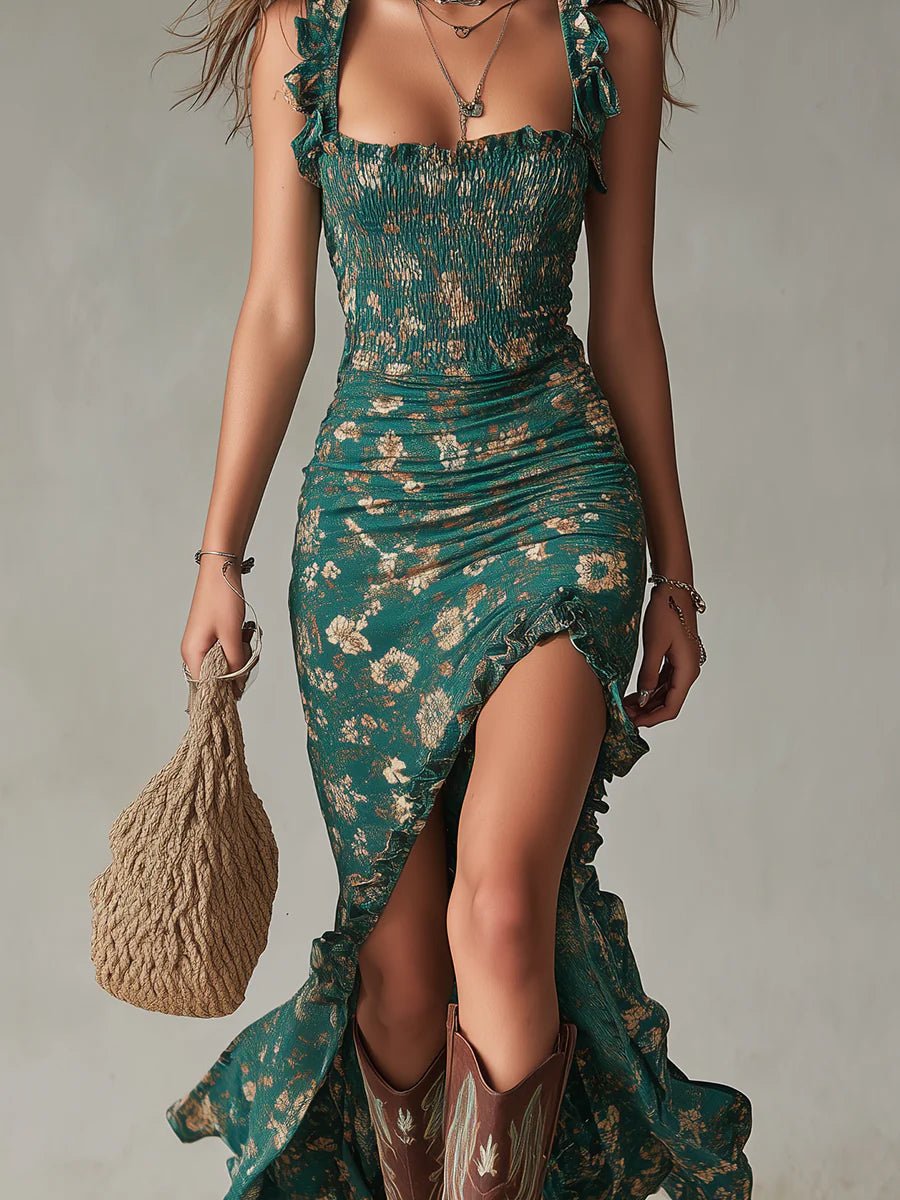 Giselle™ Bohemian Printed Maxi Dress with Ruffled Sleeves