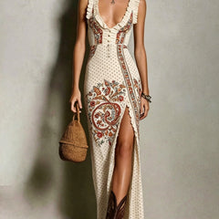 Héloïse™ Bohemian Style Printed Dress with Deep V-Neck and High Split