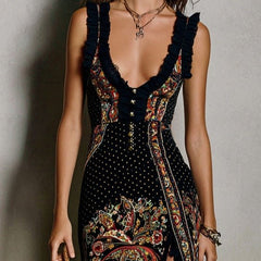 Héloïse™ Bohemian Style Printed Dress with Deep V-Neck and High Split