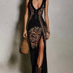 Héloïse™ Bohemian Style Printed Dress with Deep V-Neck and High Split
