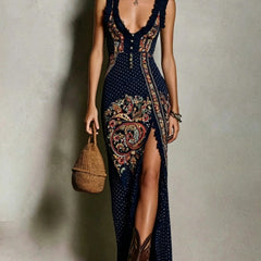 Héloïse™ Bohemian Style Printed Dress with Deep V-Neck and High Split