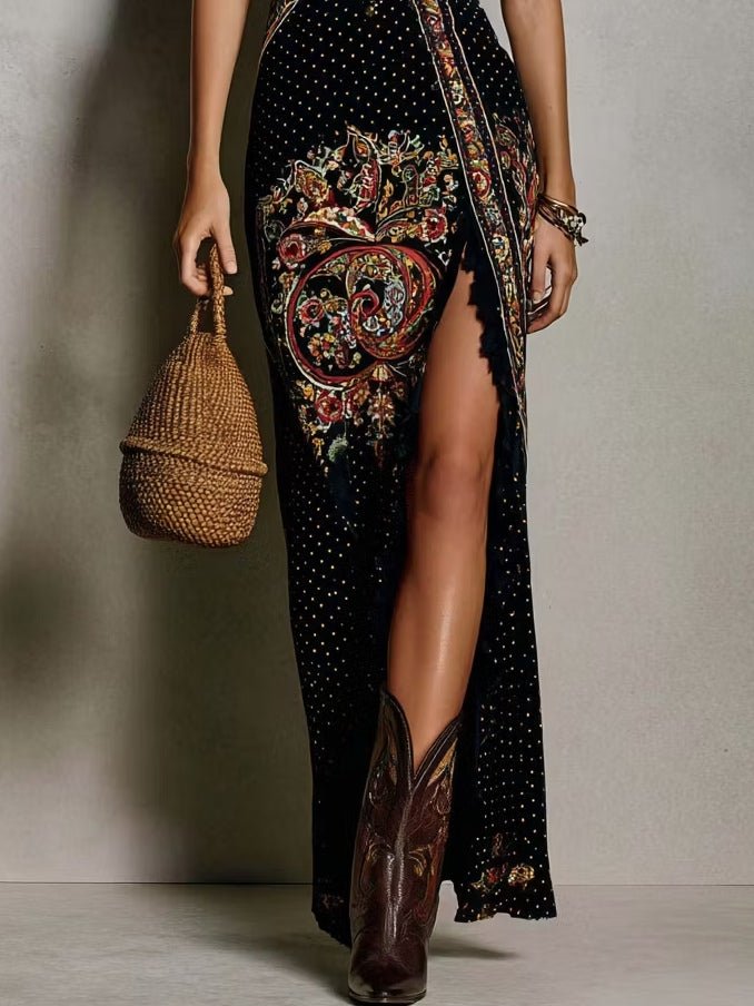 Héloïse™ Bohemian Style Printed Dress with Deep V-Neck and High Split