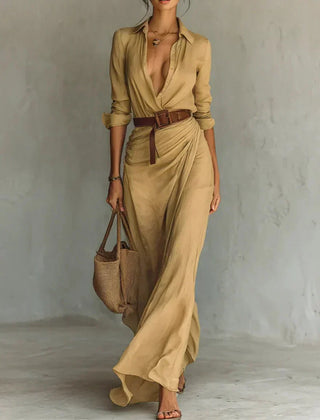 Camille™ Maxi Dress with Lapels and Belt At the Waist
