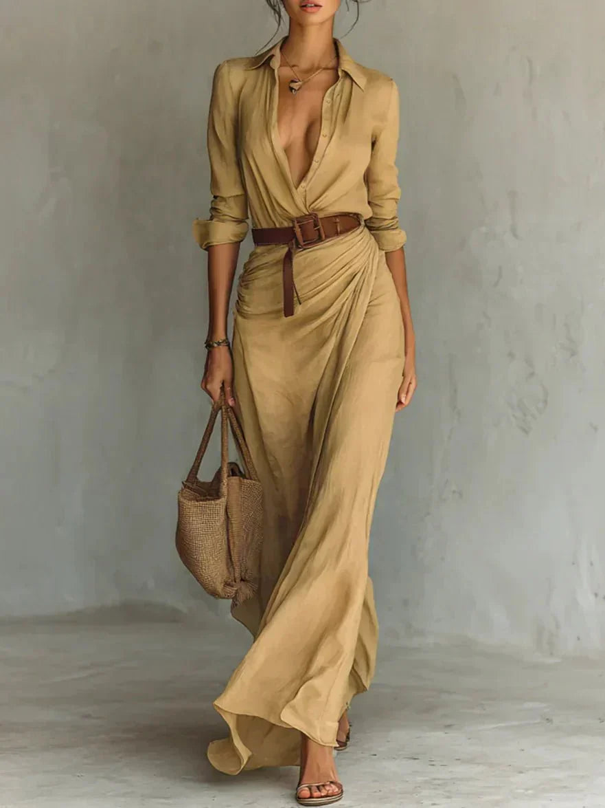 Camille™ Maxi Dress with Lapels and Belt At the Waist