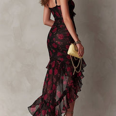 Delphine™ Chic Flower Ruffle Hem Dress