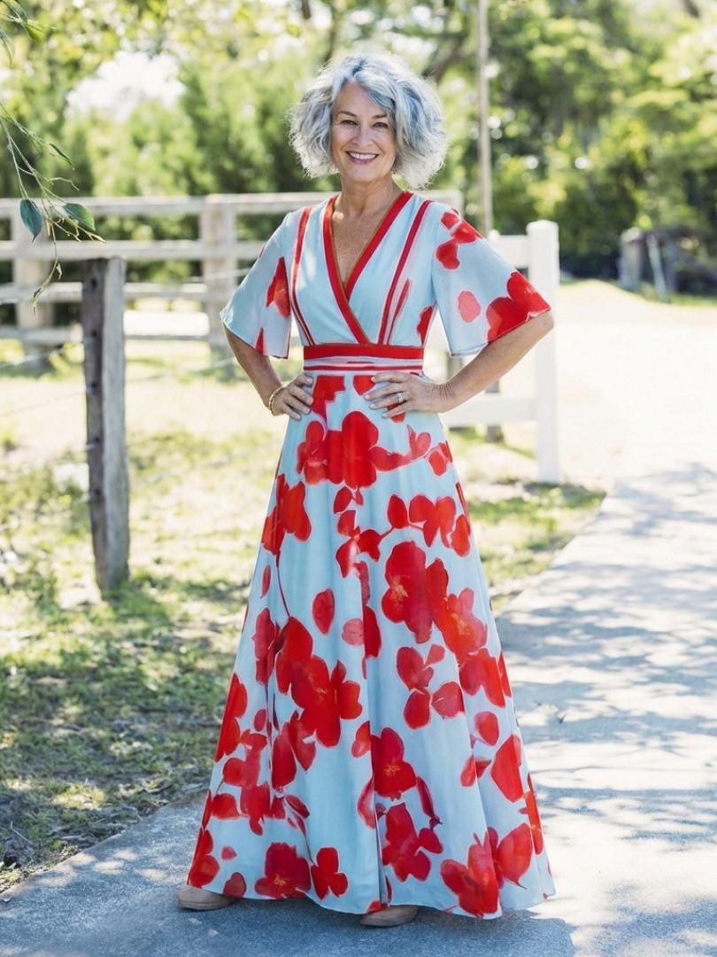 Corinne™ V Neck Short Sleeve Floral Maxi Dress
