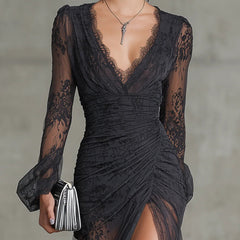 Eloise™ Ruffle Sheer Long Sleeve Split Maxi Dress