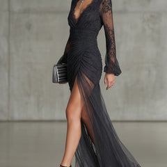 Eloise™ Ruffle Sheer Long Sleeve Split Maxi Dress