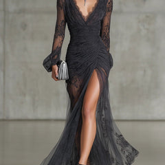 Eloise™ Ruffle Sheer Long Sleeve Split Maxi Dress