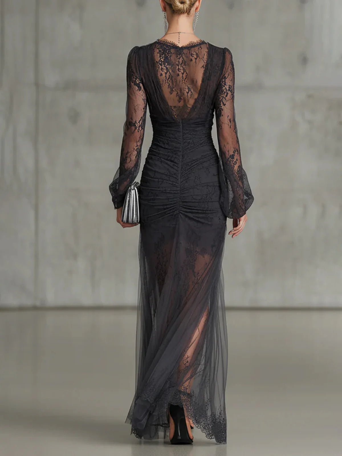 Eloise™ Ruffle Sheer Long Sleeve Split Maxi Dress