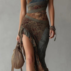Cosette™ Ethnic Style Printed Maxi Dress with One Shoulder and High Split