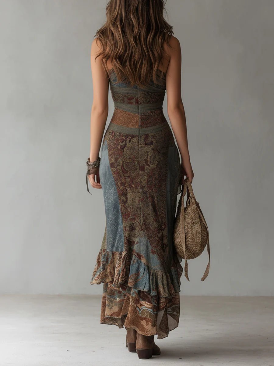 Cosette™ Ethnic Style Printed Maxi Dress with One Shoulder and High Split