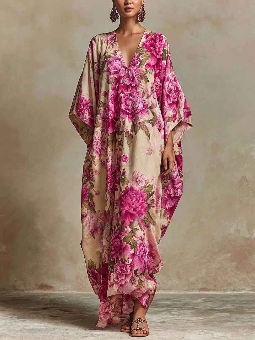 Elara™ Floral Art Resort V-neck Batwing Sleeve Kaftan Maxi Dress