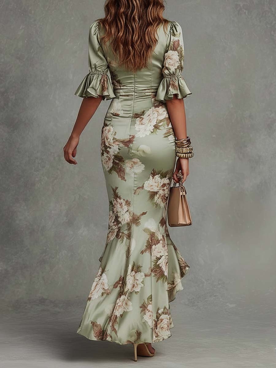 Léonie™ Floral Ruffle Bell Sleeve V-Neck Asymmetrical Maxi Dress