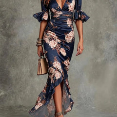 Léonie™ Floral Ruffle Bell Sleeve V-Neck Asymmetrical Maxi Dress