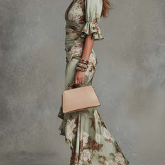 Léonie™ Floral Ruffle Bell Sleeve V-Neck Asymmetrical Maxi Dress