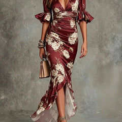 Léonie™ Floral Ruffle Bell Sleeve V-Neck Asymmetrical Maxi Dress