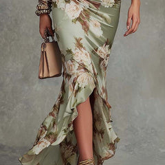 Léonie™ Floral Ruffle Bell Sleeve V-Neck Asymmetrical Maxi Dress