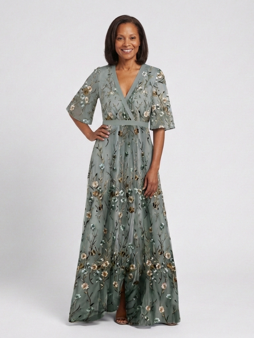 Evadne™ Floral V Neck Short Sleeve Maxi Dress