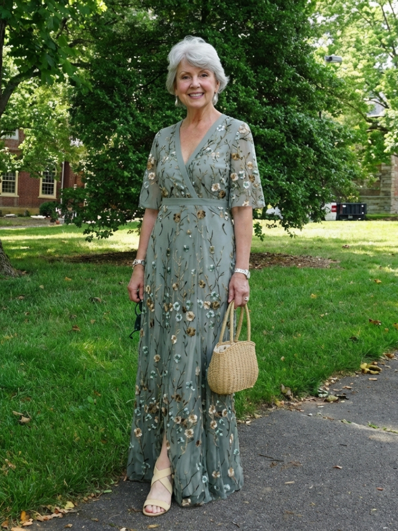 Evadne™ Floral V Neck Short Sleeve Maxi Dress