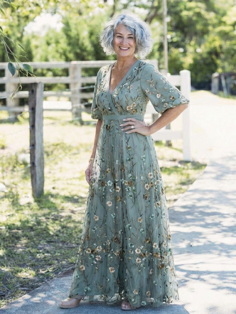 Rosalind™ Floral V Neck Short Sleeve Maxi Dress