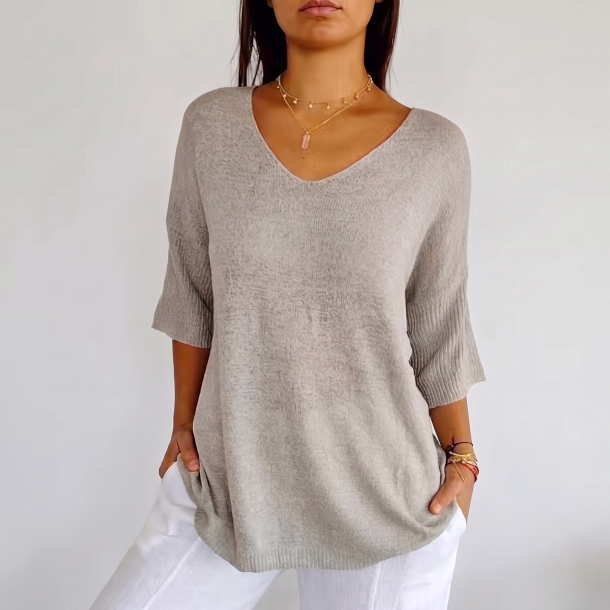 Livia™ Elegant V-Neck Jumper - Light Grey
