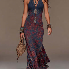 Béatrice™ Retro Halter Neck Floral Fishtail Maxi Dress