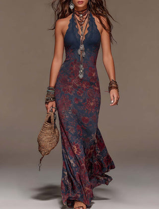 Béatrice™ Retro Halter Neck Floral Fishtail Maxi Dress