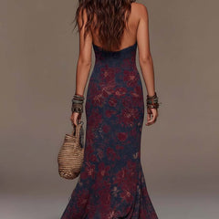 Béatrice™ Retro Halter Neck Floral Fishtail Maxi Dress