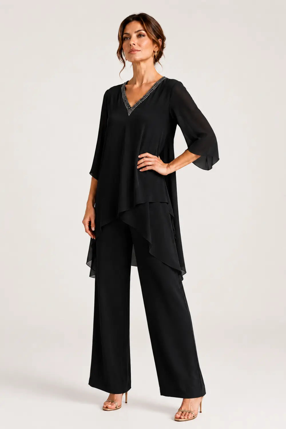 Annelise™ Asymmetric Capelet Pant Suit with Wide-Leg Pants