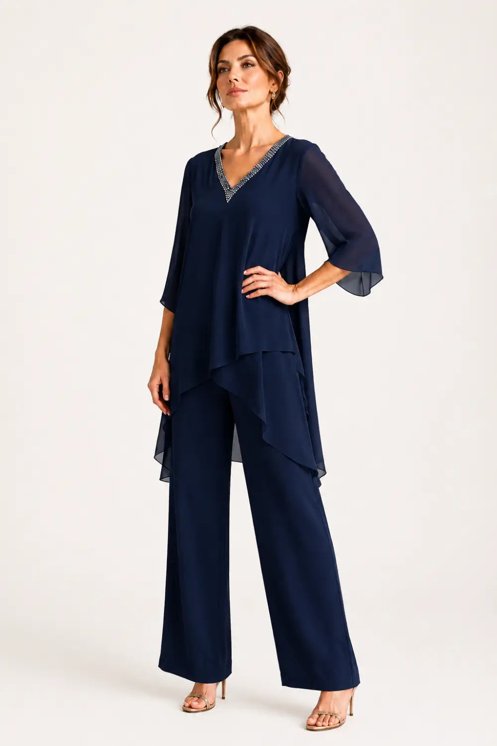 Annelise™ Asymmetric Capelet Pant Suit with Wide-Leg Pants