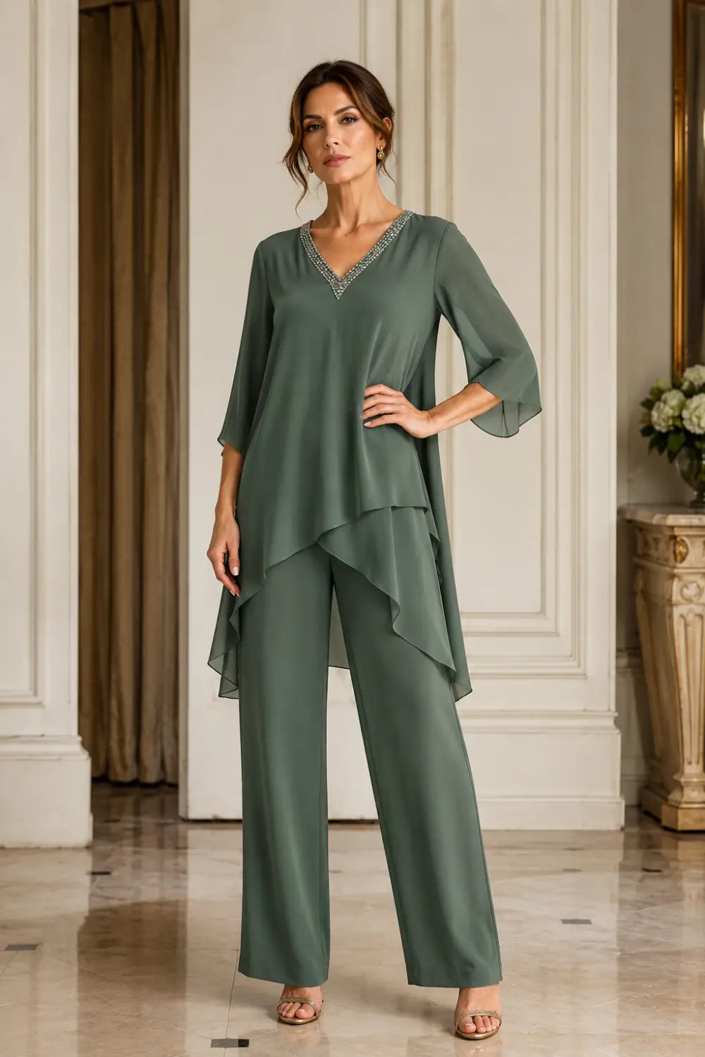 Annelise™ Asymmetric Capelet Pant Suit with Wide-Leg Pants
