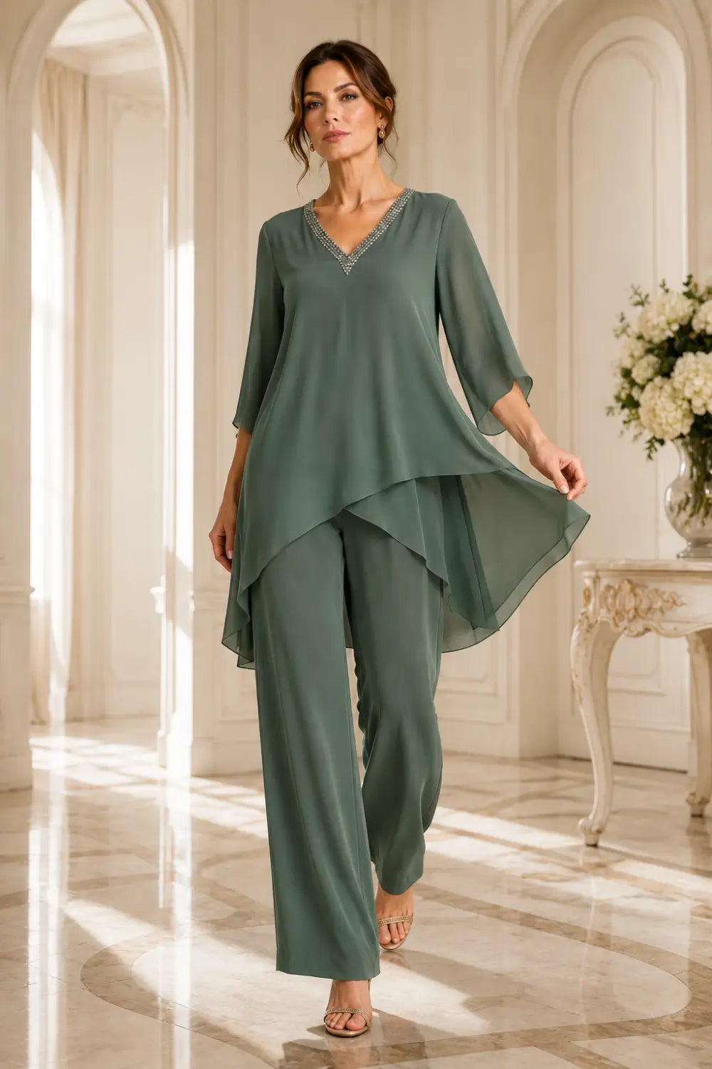 Annelise™ Asymmetric Capelet Pant Suit with Wide-Leg Pants