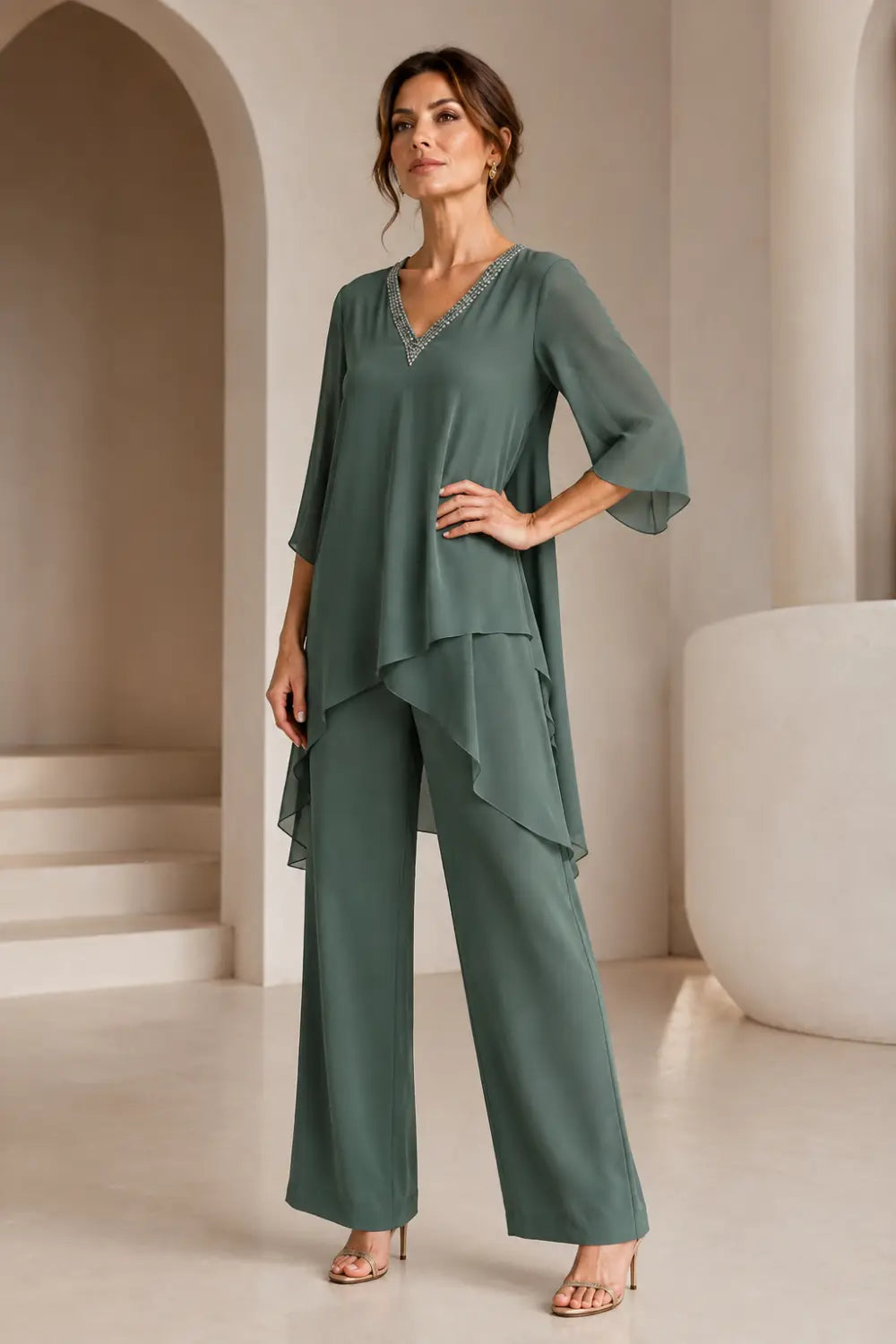 Annelise™ Asymmetric Capelet Pant Suit with Wide-Leg Pants