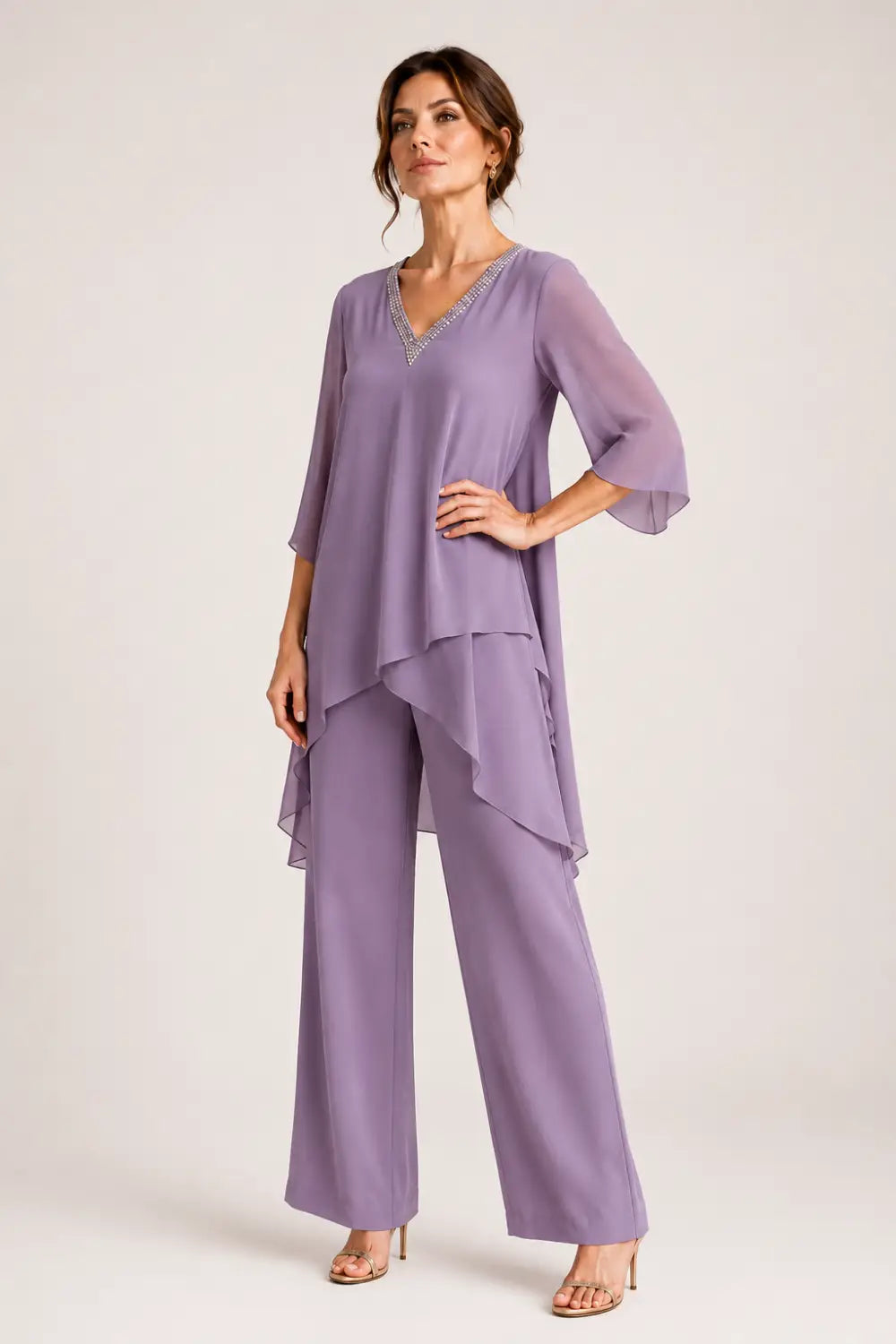 Annelise™ Asymmetric Capelet Pant Suit with Wide-Leg Pants