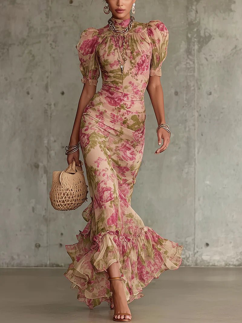 Océane™ Vintage Rose Print Maxi Dress with Puff Sleeves