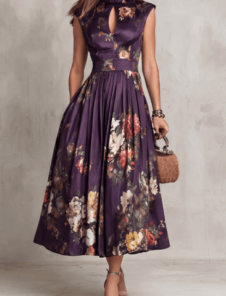 Rosalie™ Keyhole Collar Floral Pleated Midi Dress