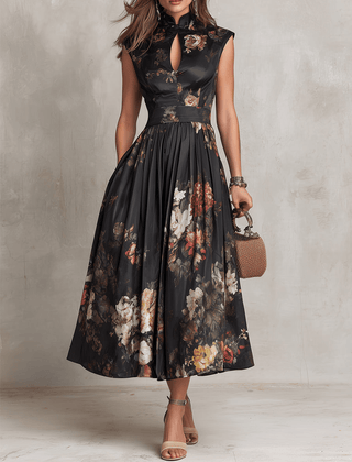 Rosalie™ Keyhole Collar Floral Pleated Midi Dress