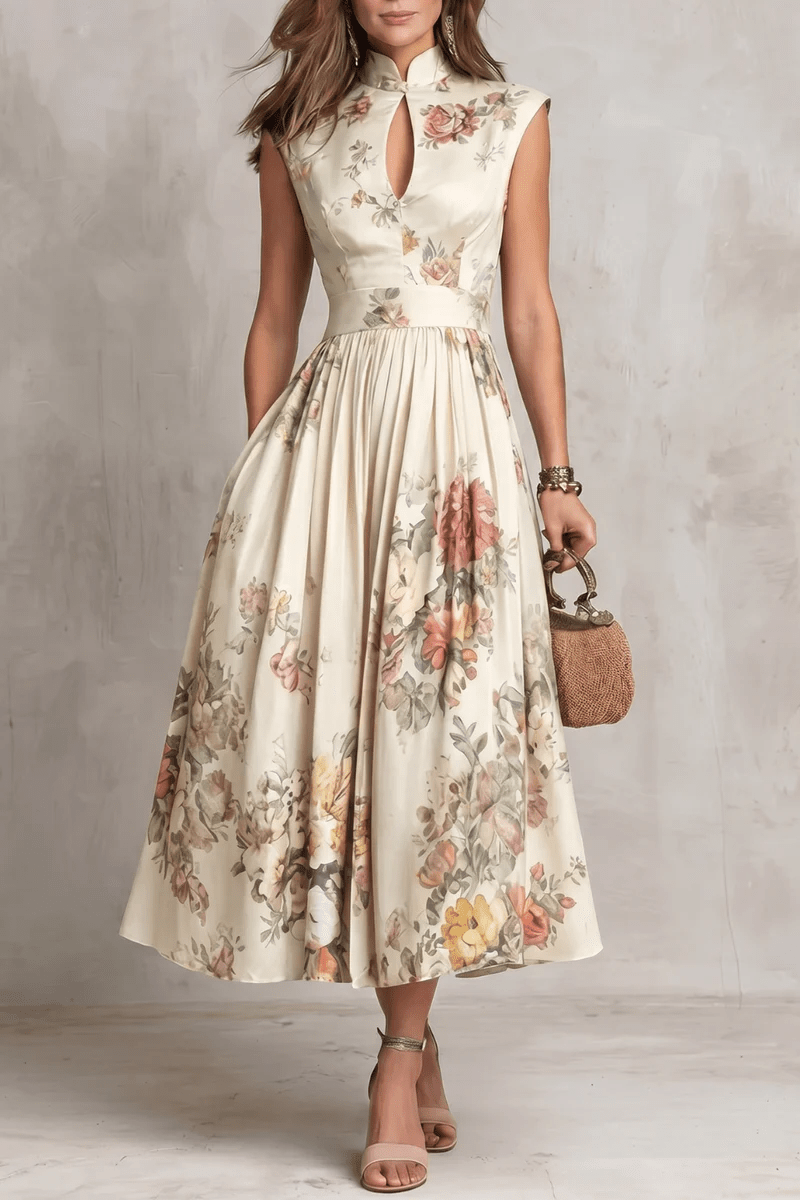 Rosalie™ Keyhole Collar Floral Pleated Midi Dress